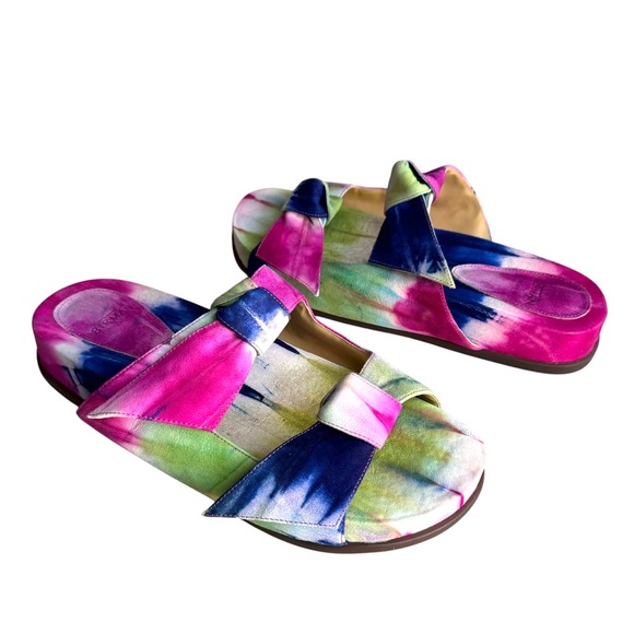 NEW Alexandre Birman Clarita Bow Tie-Dye Leather Slides Multicolored Flat Sandal - Picture 1 of 15
